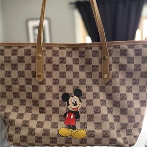 Mickey Mouse Checkered Tote Bag - Brown and Tan